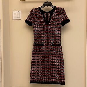 St. John Red and Black v- neck 2 pockets tweed Patterned Mini Dress 0 2